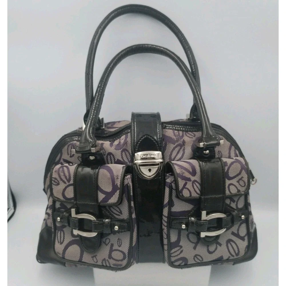 Vintage bebe y2k Monogram Canvas Satchel Purse Pocket Bowler Bag Purple Black